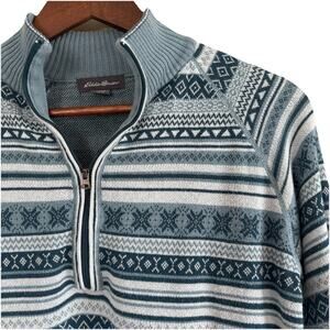 Eddie Bauer 1/4 Zip Pullover Sweater Women’s M Gray Blue Fair Isle Mock Neck